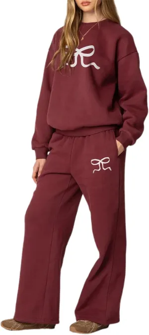 Bow Print Sweat Set for Women Tracksuit Long Sleeve Crew Neck Oversized Hoodie Wide Leg Sweatpants 2 Piece Outfits
