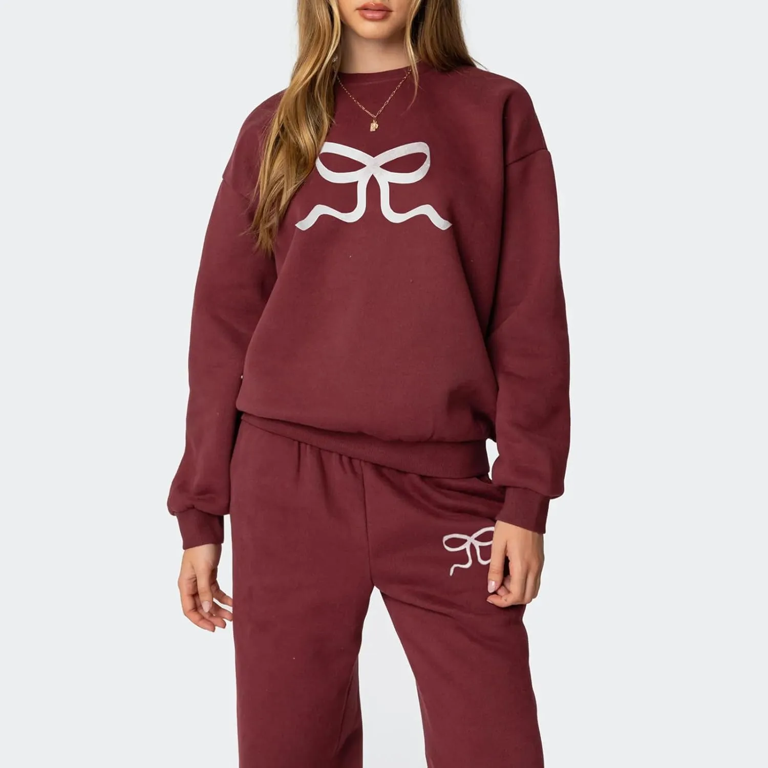 Bow Print Sweat Set for Women Tracksuit Long Sleeve Crew Neck Oversized Hoodie Wide Leg Sweatpants 2 Piece Outfits