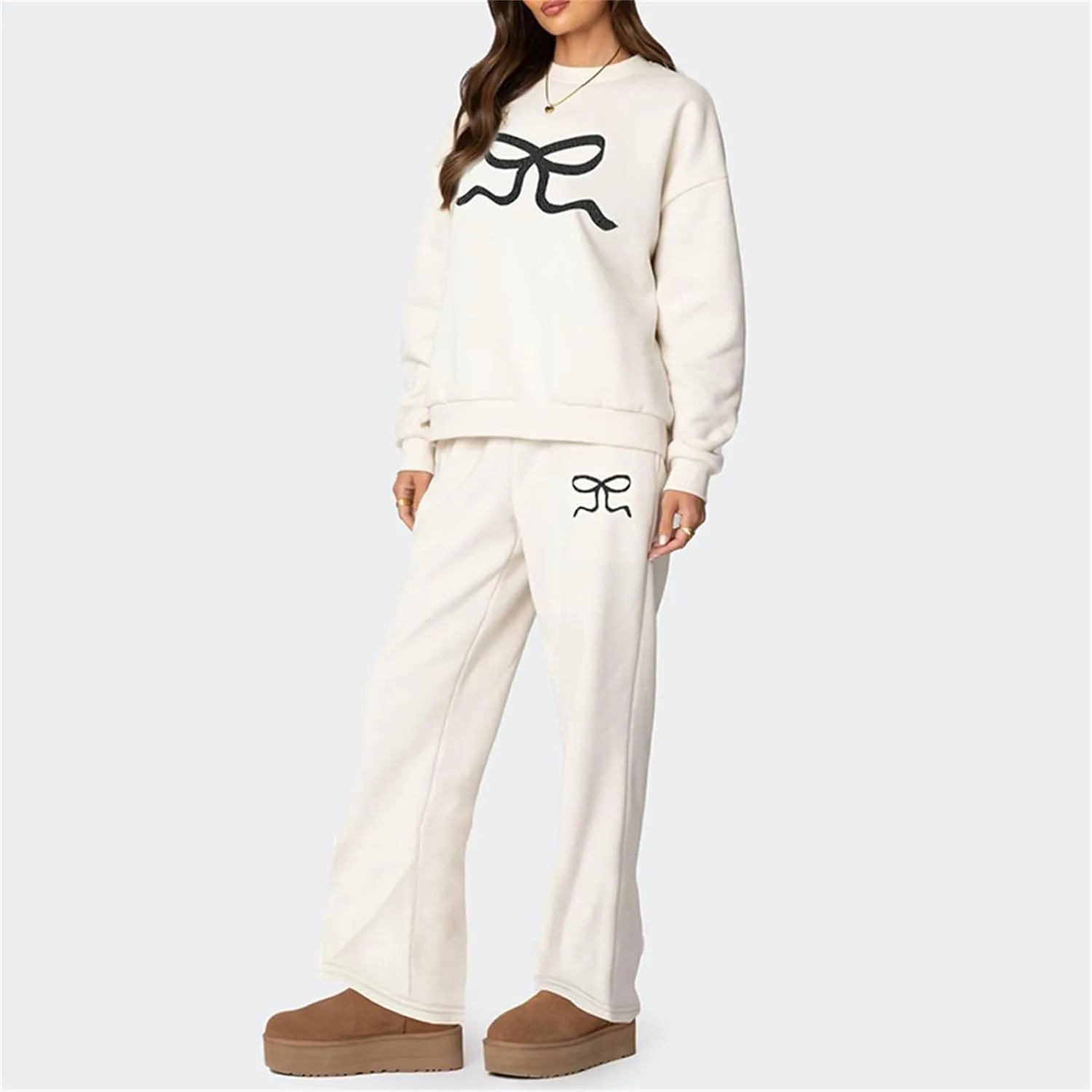 Bow Print Sweat Set for Women Tracksuit Long Sleeve Crew Neck Oversized Hoodie Wide Leg Sweatpants 2 Piece Outfits