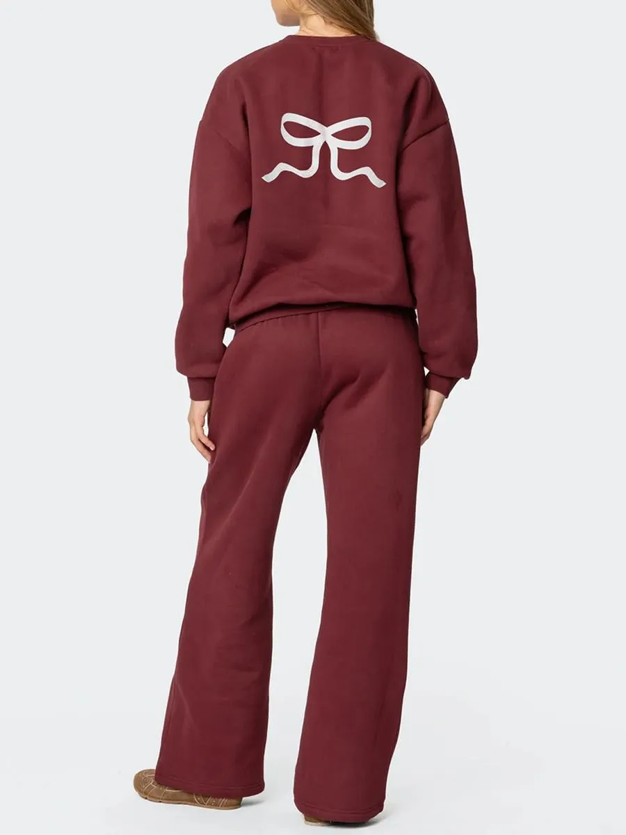 Bow Print Sweat Set for Women Tracksuit Long Sleeve Crew Neck Oversized Hoodie Wide Leg Sweatpants 2 Piece Outfits