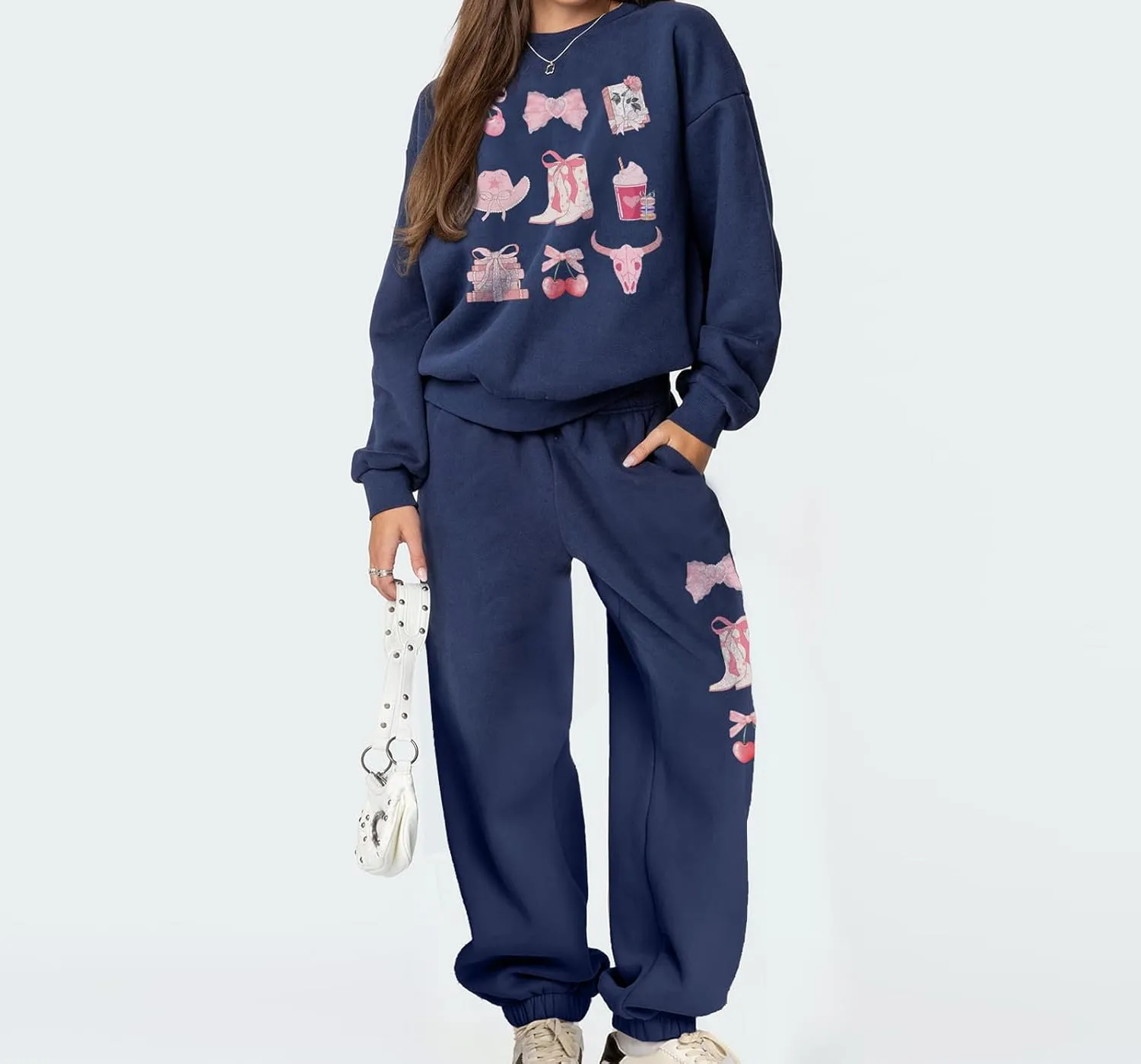 Bow Print Sweat Set for Women Tracksuit Long Sleeve Crew Neck Oversized Hoodie Wide Leg Sweatpants 2 Piece Outfits