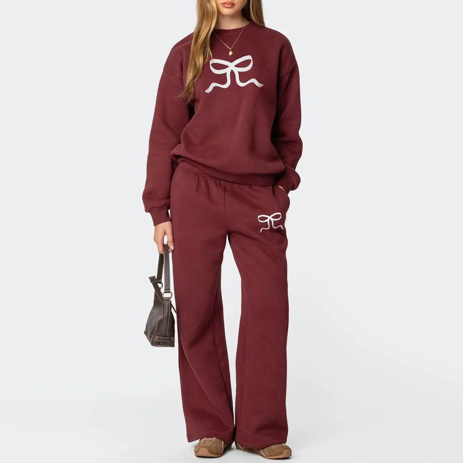 Bow Print Sweat Set for Women Tracksuit Long Sleeve Crew Neck Oversized Hoodie Wide Leg Sweatpants 2 Piece Outfits