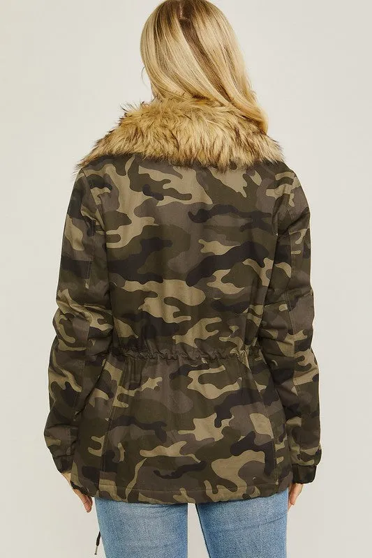 Camo Faux Fur Utility Anorak Jacket