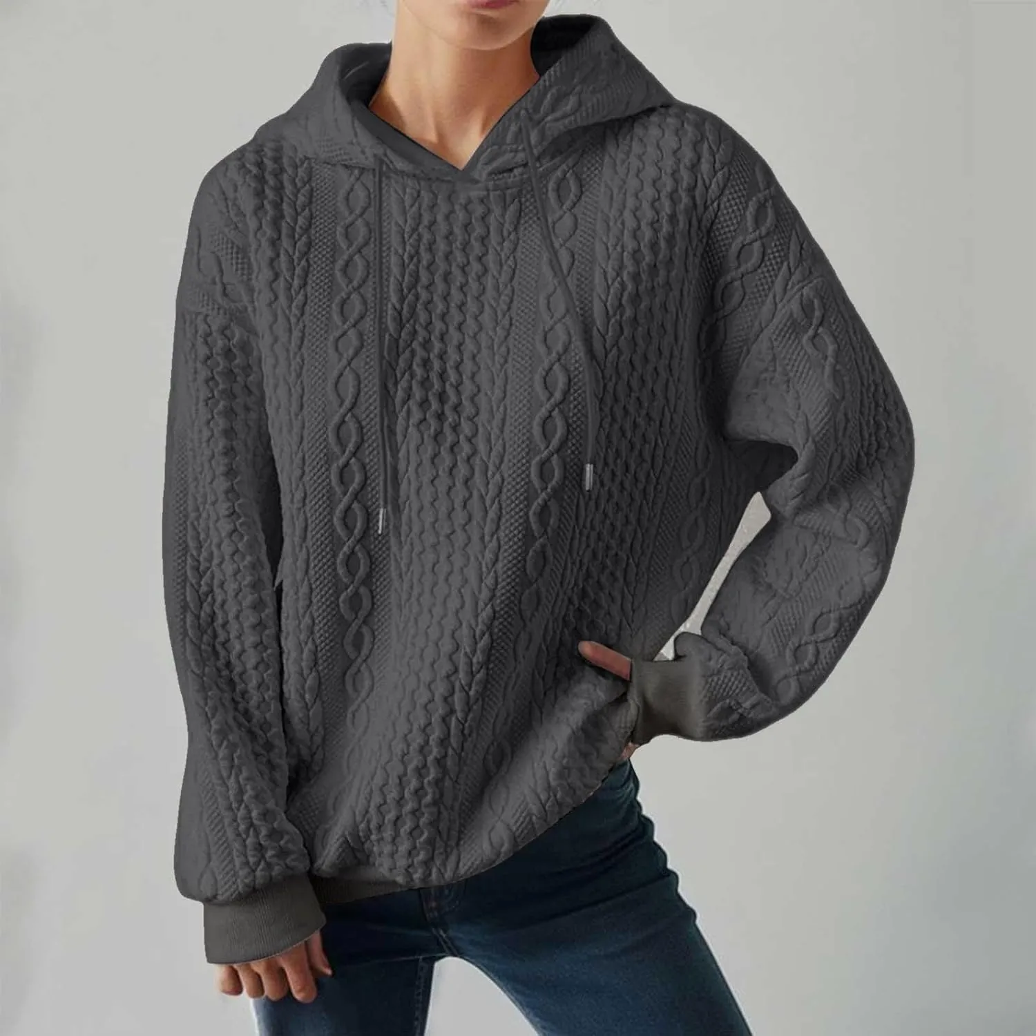 Casual Sweatshirt for Women Crewneck Pullover Tops Solid Jacquard Drawstring Hoodies Fall Loose Long Sleeve Blouse