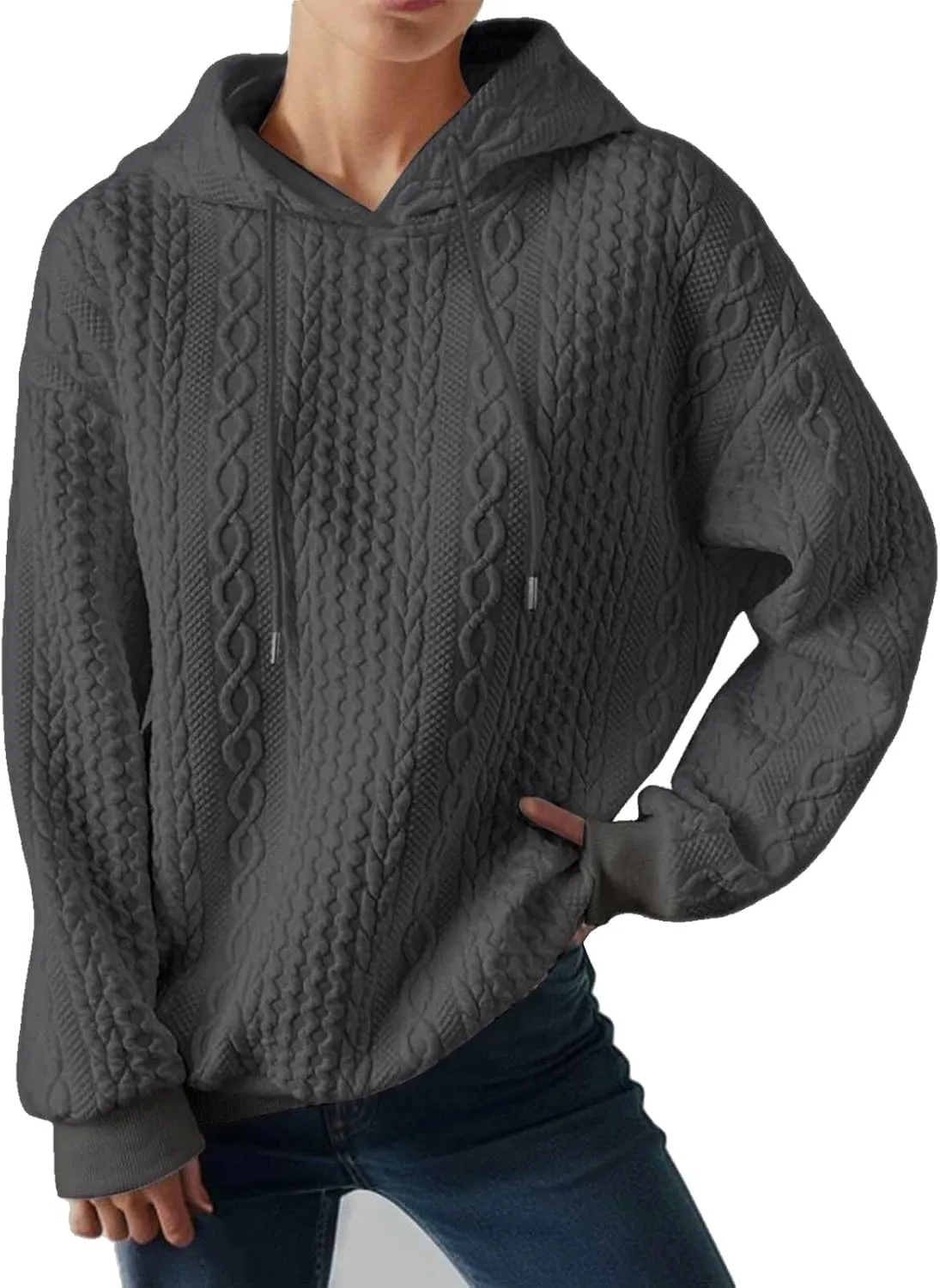 Casual Sweatshirt for Women Crewneck Pullover Tops Solid Jacquard Drawstring Hoodies Fall Loose Long Sleeve Blouse