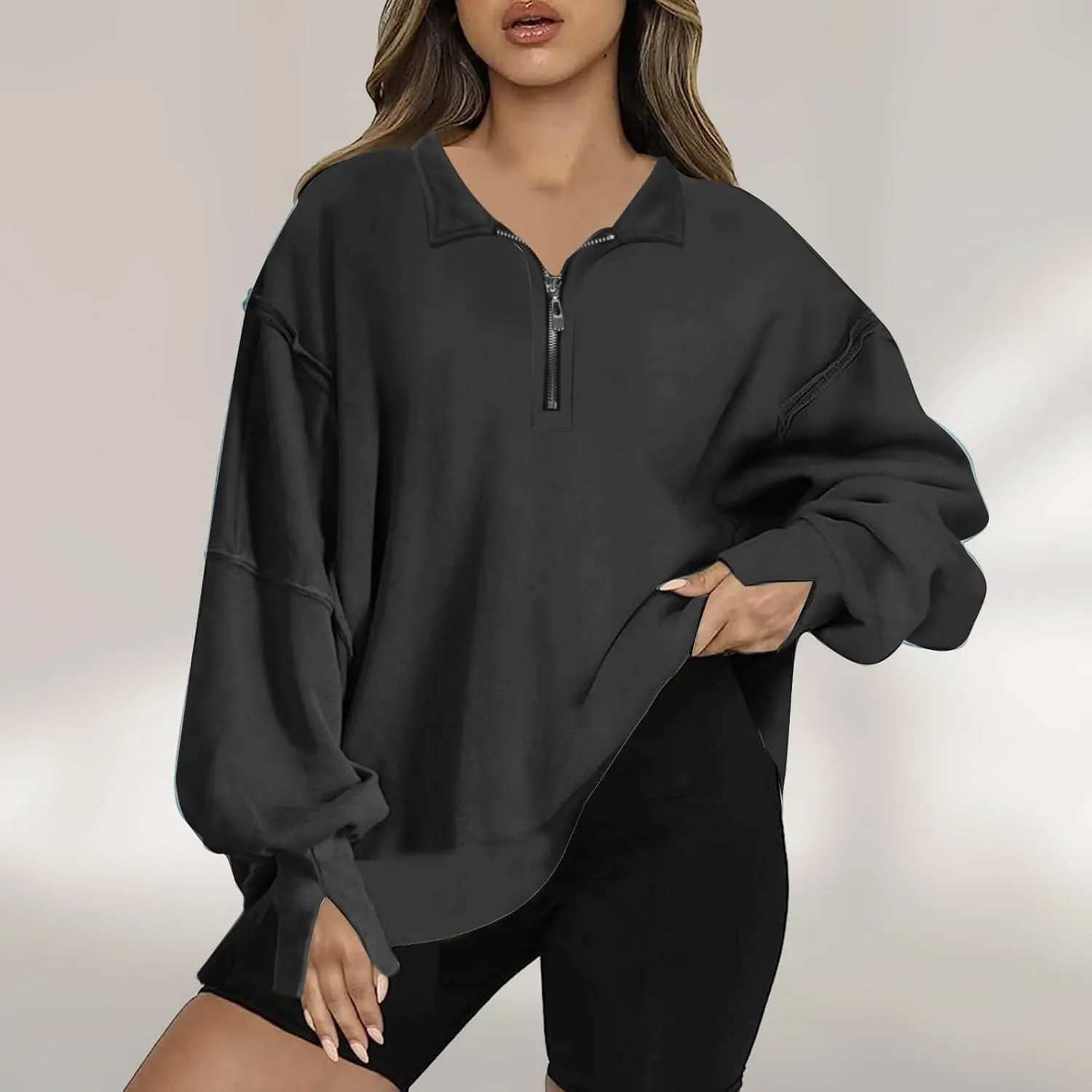 Ceboyel Oversized Sweatshirts for Women Loose Fit Zip Up Hoodie Sweatshirt Split Corded Pullover Tops Fashion Trendy Clothes