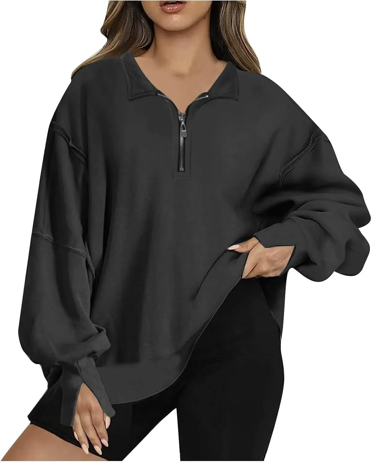 Ceboyel Oversized Sweatshirts for Women Loose Fit Zip Up Hoodie Sweatshirt Split Corded Pullover Tops Fashion Trendy Clothes