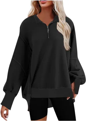 Ceboyel Oversized Sweatshirts for Women Loose Fit Zip Up Hoodie Sweatshirt Split Corded Pullover Tops Fashion Trendy Clothes