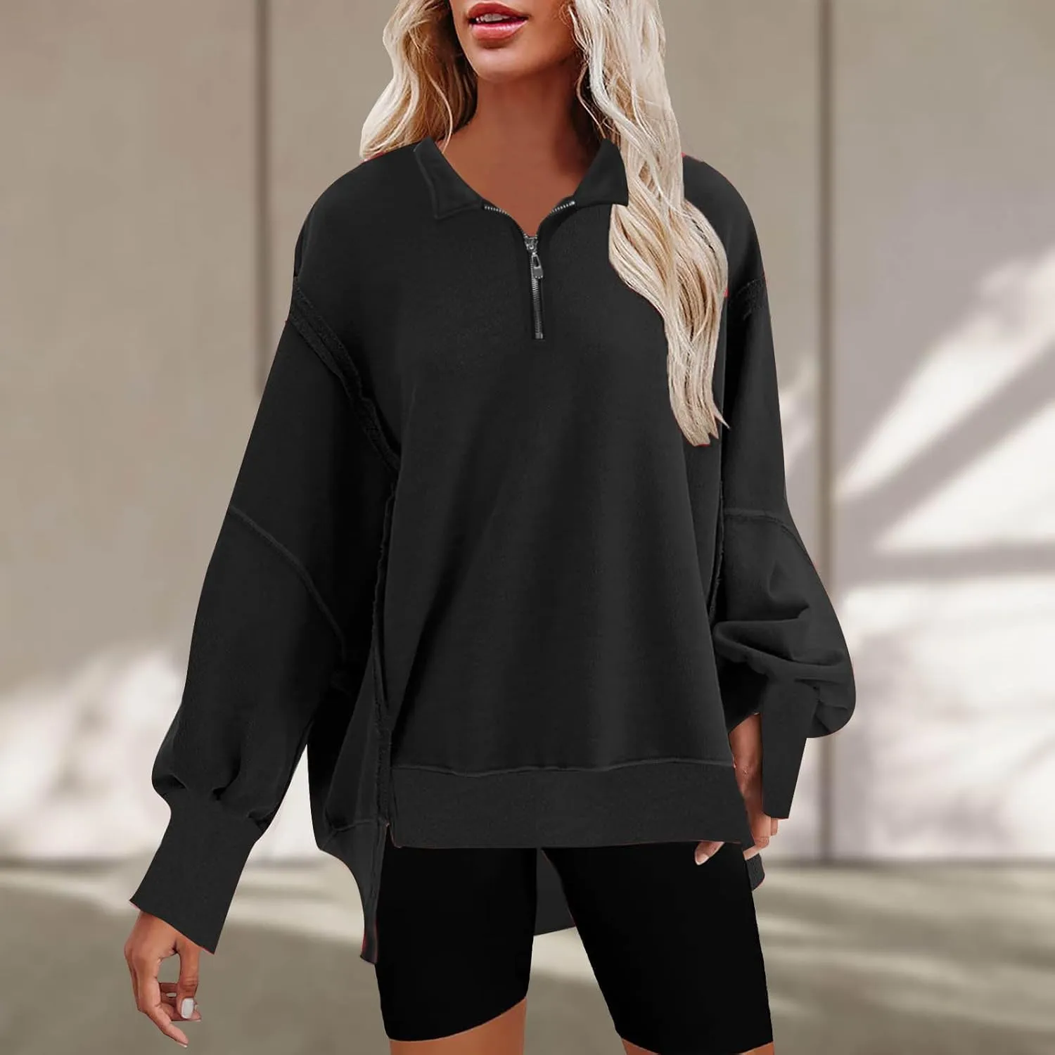 Ceboyel Oversized Sweatshirts for Women Loose Fit Zip Up Hoodie Sweatshirt Split Corded Pullover Tops Fashion Trendy Clothes