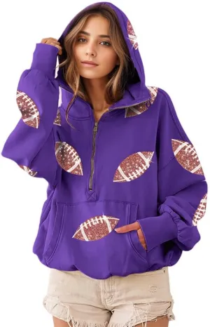 CHARTOU Women's Oversized Half Zip Hoodie Quarter Zip Rugby Sequin Hooded Pullover Sweatshirt Jacket