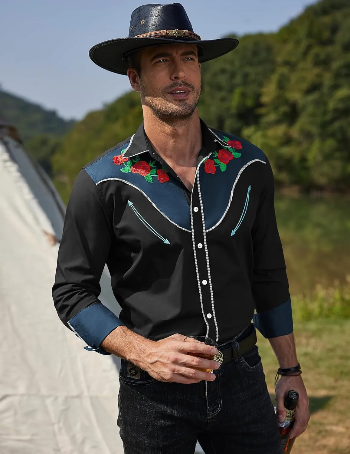COOFANDY Men's Cowboy Shirtss Embroidered Rose Design Shirts Western Long Sleeve Button Down Shirts