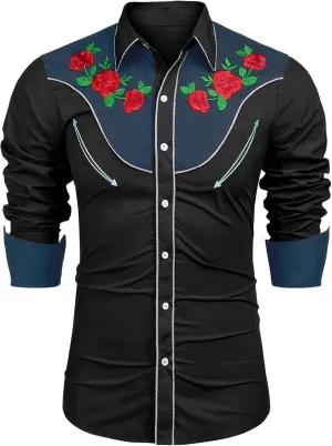 COOFANDY Men's Cowboy Shirtss Embroidered Rose Design Shirts Western Long Sleeve Button Down Shirts