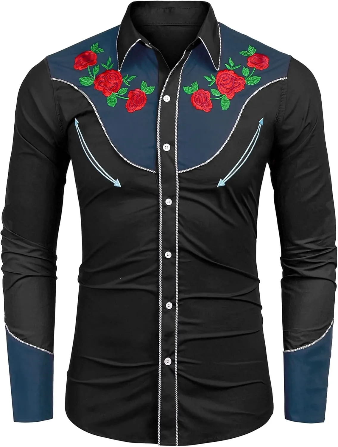 COOFANDY Men's Cowboy Shirtss Embroidered Rose Design Shirts Western Long Sleeve Button Down Shirts