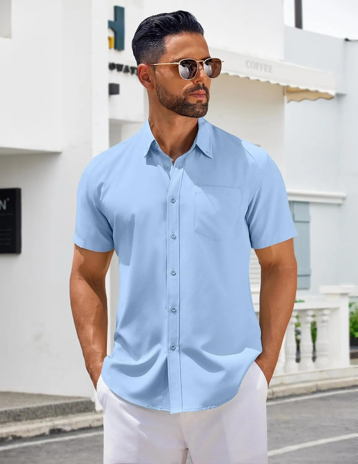 COOFANDY Men's Short Sleeve Button Down Shirts Casual Summer Untucked Wrinkle Free Dress Shirts with Pocket