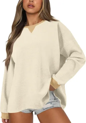 Crewneck Oversized Sweatshirt for Women Waffle Knit Long Sleeve Comfort Hoodie Athleisure Color Block Pullover Sweater