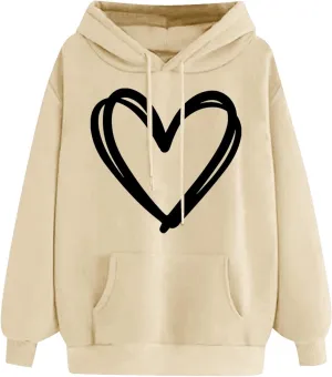Cute Hooded Sweatshirt For Women 2024 Casual Long Sleeve Heart Graphic Hoodies Loose Comfy Fall Fashion Pullovers