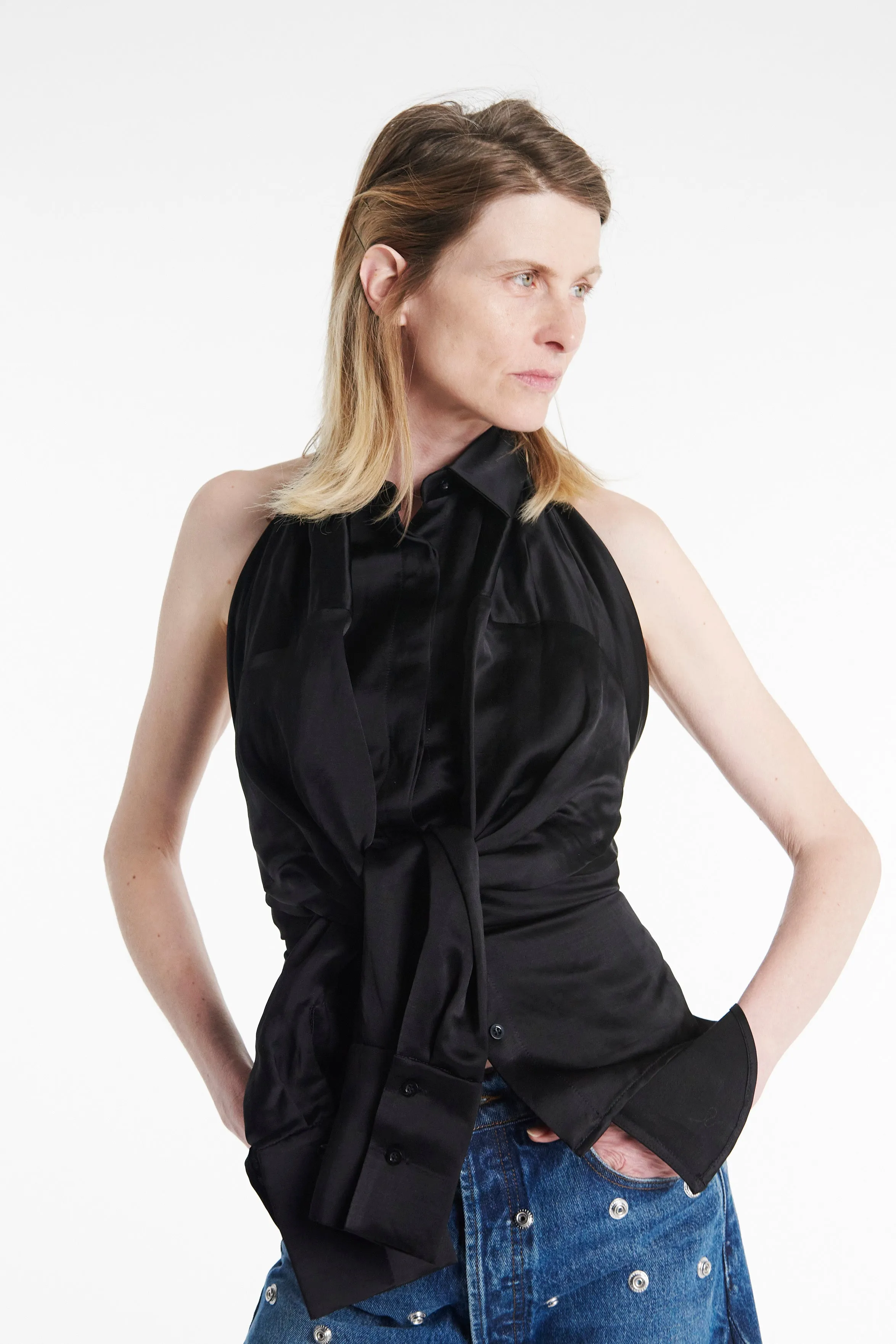 Deconstructed Shirt Halterneck Top Black
