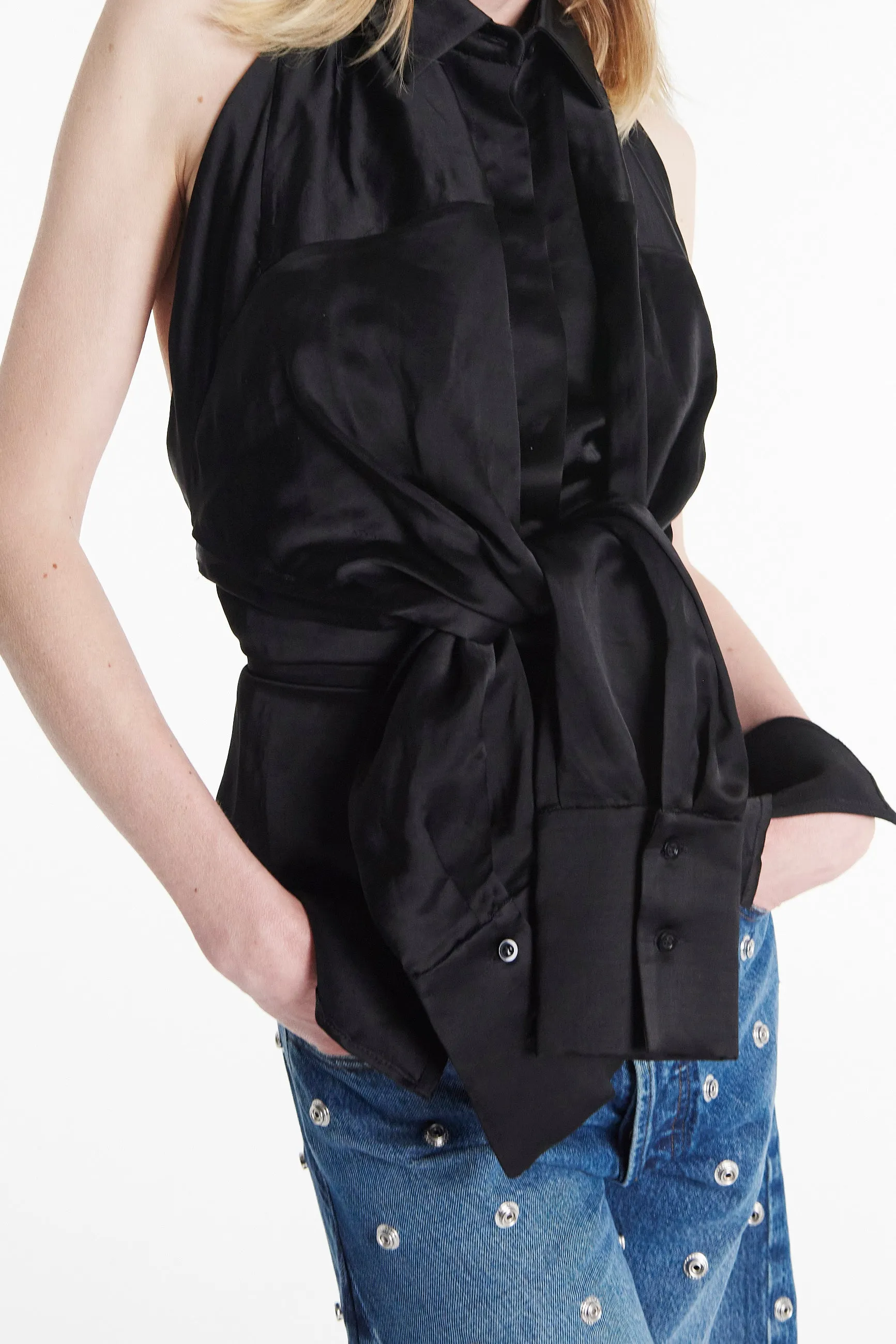 Deconstructed Shirt Halterneck Top Black