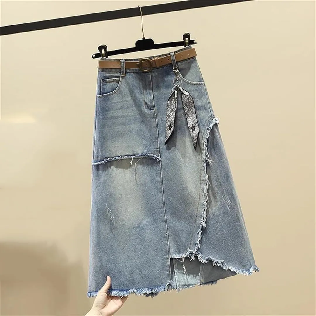 Denim Skirt Spring/Summer Elegant Irregular Jeans Skirt Women High Waisted A-Line Mid Length Skirt