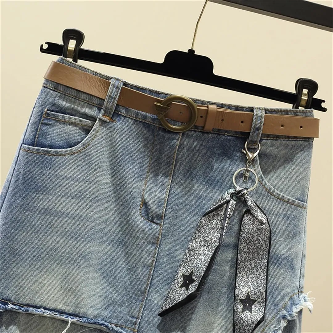 Denim Skirt Spring/Summer Elegant Irregular Jeans Skirt Women High Waisted A-Line Mid Length Skirt
