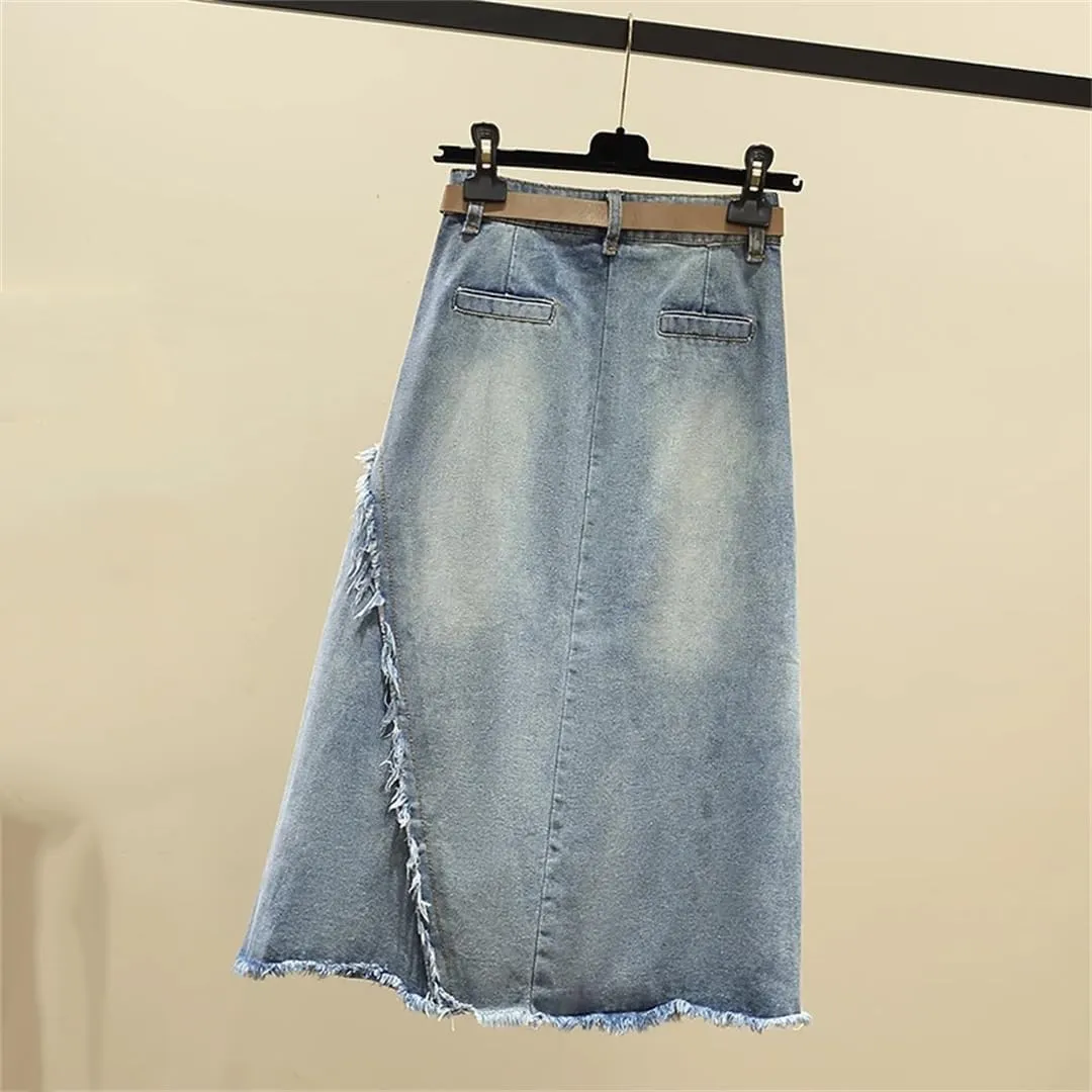 Denim Skirt Spring/Summer Elegant Irregular Jeans Skirt Women High Waisted A-Line Mid Length Skirt