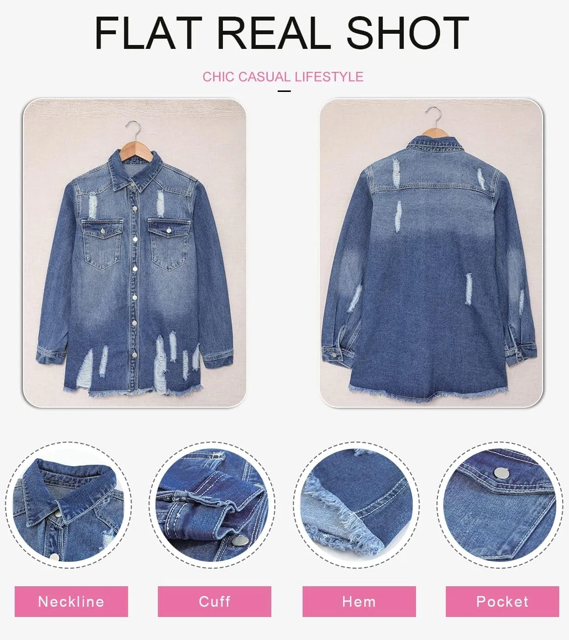 Dokotoo Women's Oversized Denim Jacket Casual Long Sleeve Denim Shirts Distresse Jean Jacket 2025 Spring Outfits
