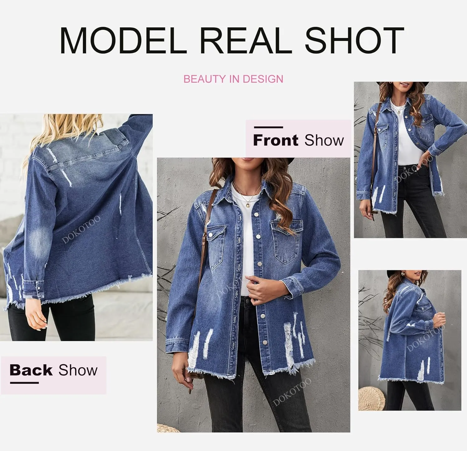 Dokotoo Women's Oversized Denim Jacket Casual Long Sleeve Denim Shirts Distresse Jean Jacket 2025 Spring Outfits