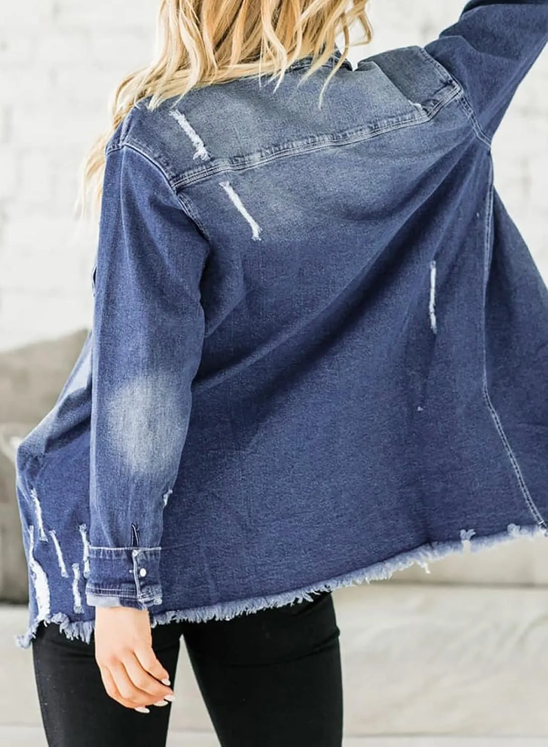 Dokotoo Women's Oversized Denim Jacket Casual Long Sleeve Denim Shirts Distresse Jean Jacket 2025 Spring Outfits