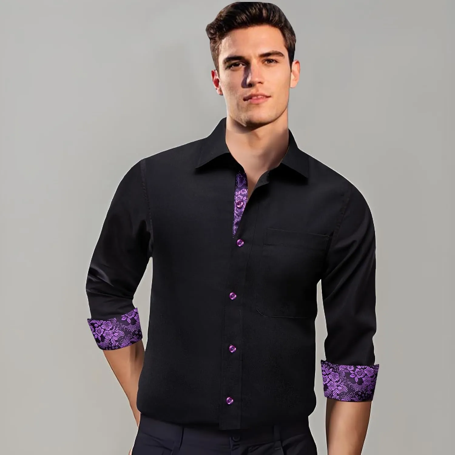 Dubulle Solid Mens Dress Shirt Satin Long Sleeve Business Casual Button Down Shirt with Pocket for Men