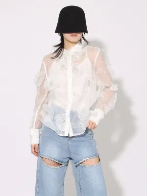 Elegant Long Sleeve Patchwork Appliques Sheer Formal Shirt