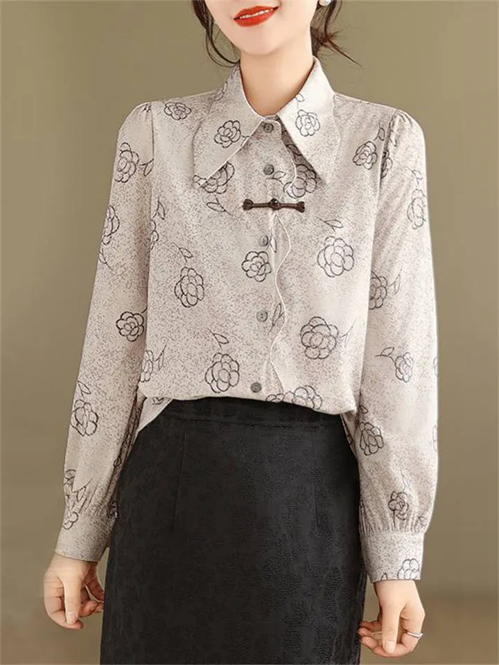 Elegant Vintage Rose Print Lapel Long Sleeve Shirt for Lady