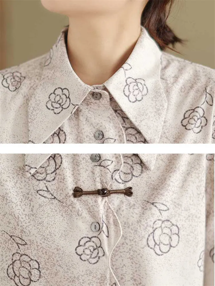 Elegant Vintage Rose Print Lapel Long Sleeve Shirt for Lady
