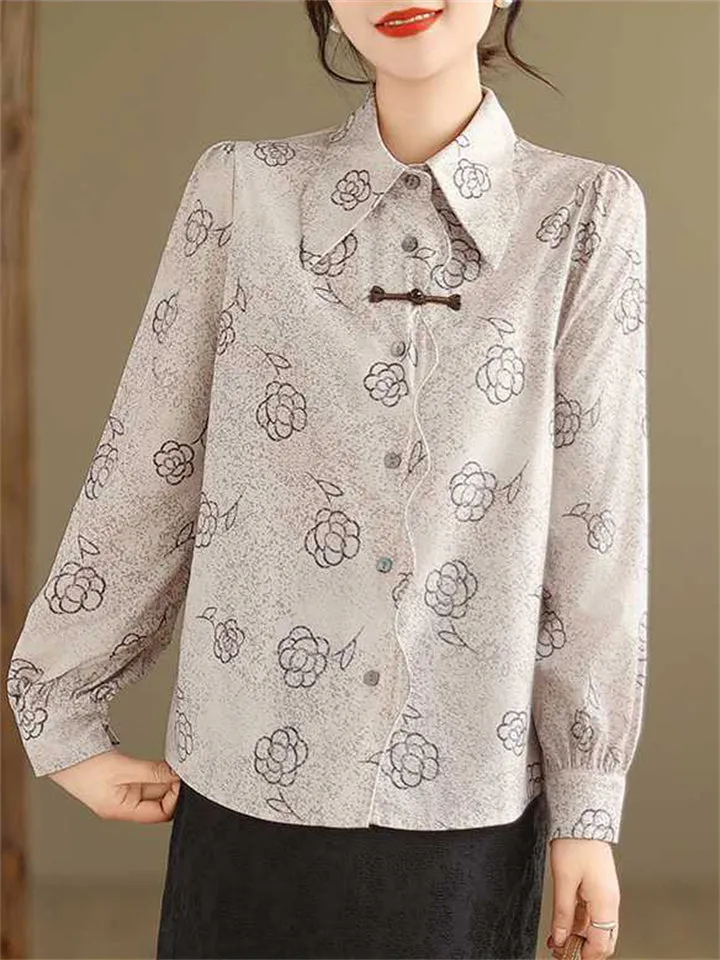 Elegant Vintage Rose Print Lapel Long Sleeve Shirt for Lady