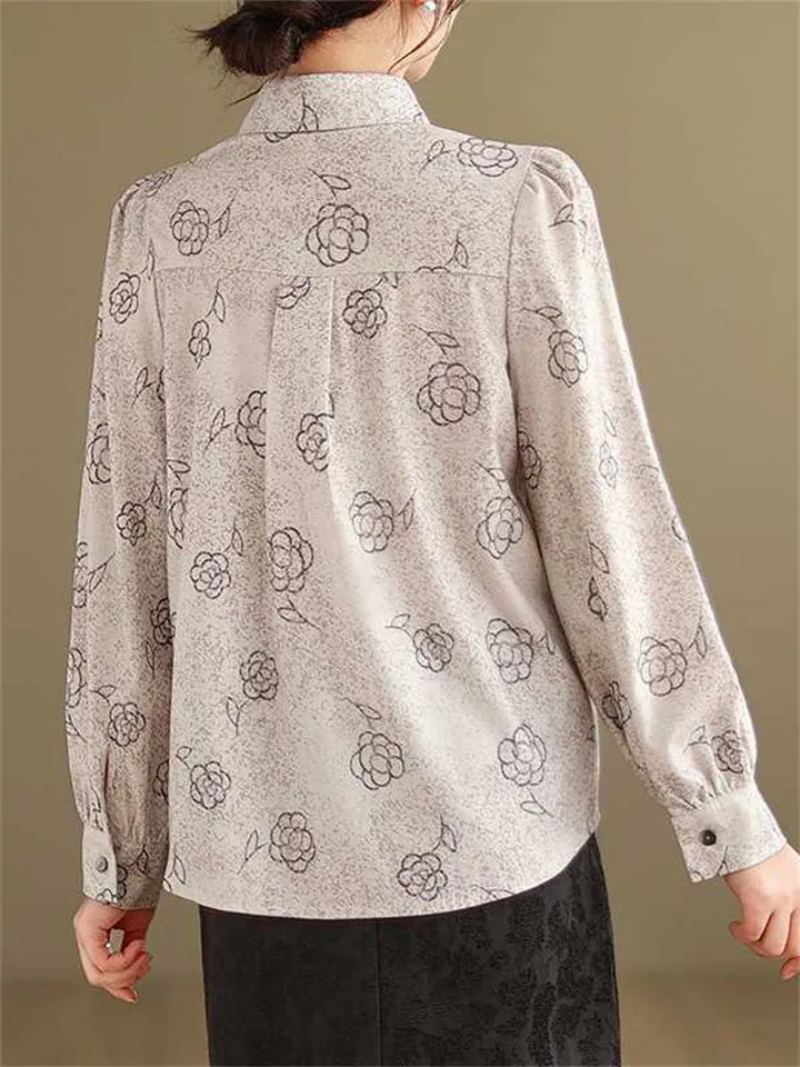 Elegant Vintage Rose Print Lapel Long Sleeve Shirt for Lady