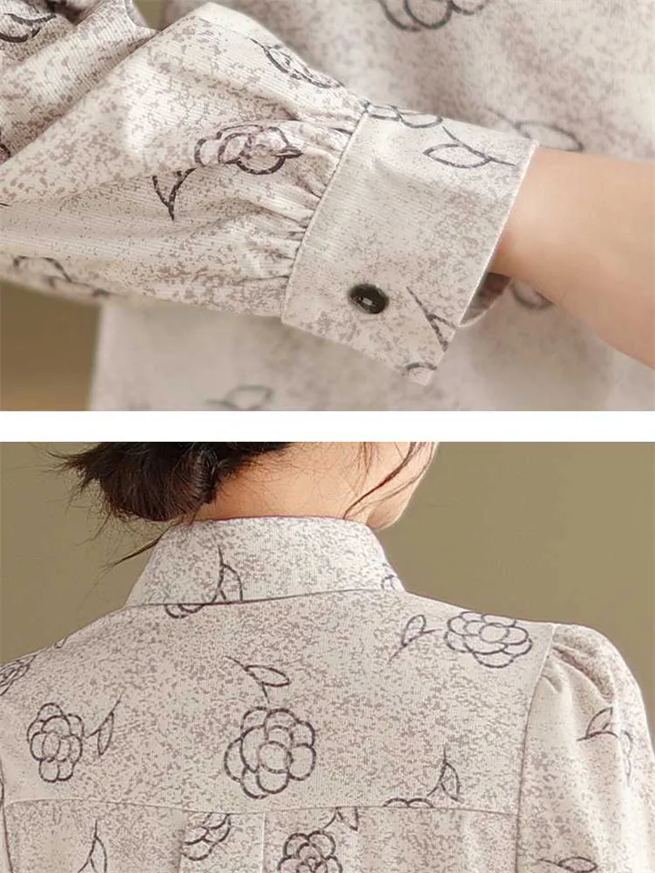 Elegant Vintage Rose Print Lapel Long Sleeve Shirt for Lady