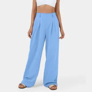 European and American Women's Pants Pure Cotton Ladies high Waist Wide Leg Pants Casual Loose Trousers(Sky-Blue,XL)