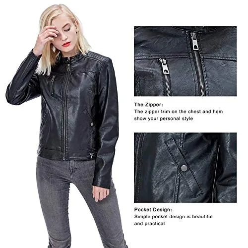 Fahsyee Women's Faux Leather Jackets, Zip Up Motorcycle Short PU Moto Biker Outwear Fitted Slim Coat Black Size M