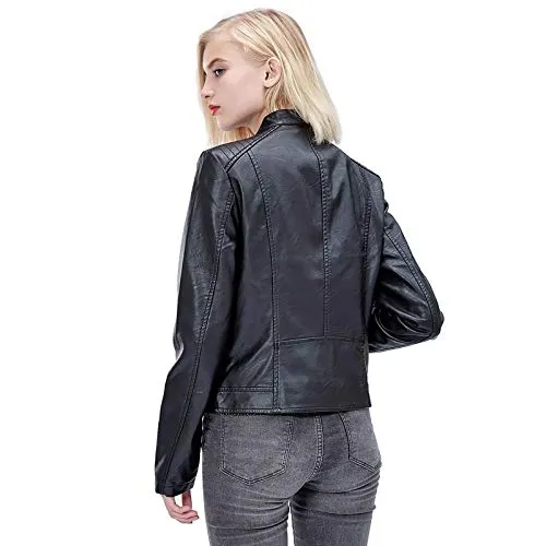 Fahsyee Women's Faux Leather Jackets, Zip Up Motorcycle Short PU Moto Biker Outwear Fitted Slim Coat Black Size M