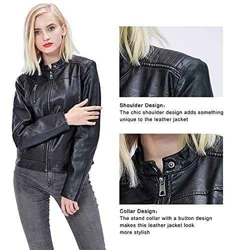 Fahsyee Women's Faux Leather Jackets, Zip Up Motorcycle Short PU Moto Biker Outwear Fitted Slim Coat Black Size M