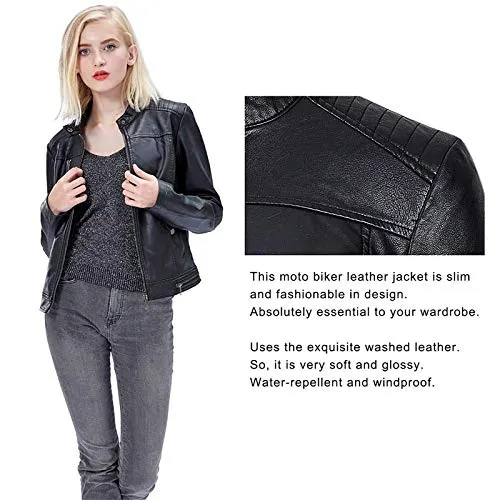 Fahsyee Women's Faux Leather Jackets, Zip Up Motorcycle Short PU Moto Biker Outwear Fitted Slim Coat Black Size M