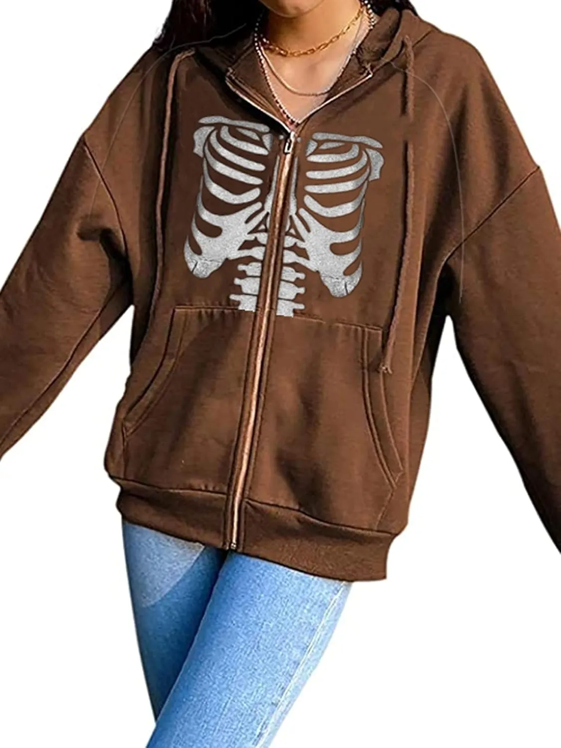Fanvereka Women's Oversized Zip Up Hoodie Aesthetic Skeleton Print Hooded Sweatshirt Long Sleeve E-Girl Harajuku Jackets Coat