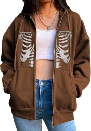 Fanvereka Women's Oversized Zip Up Hoodie Aesthetic Skeleton Print Hooded Sweatshirt Long Sleeve E-Girl Harajuku Jackets Coat