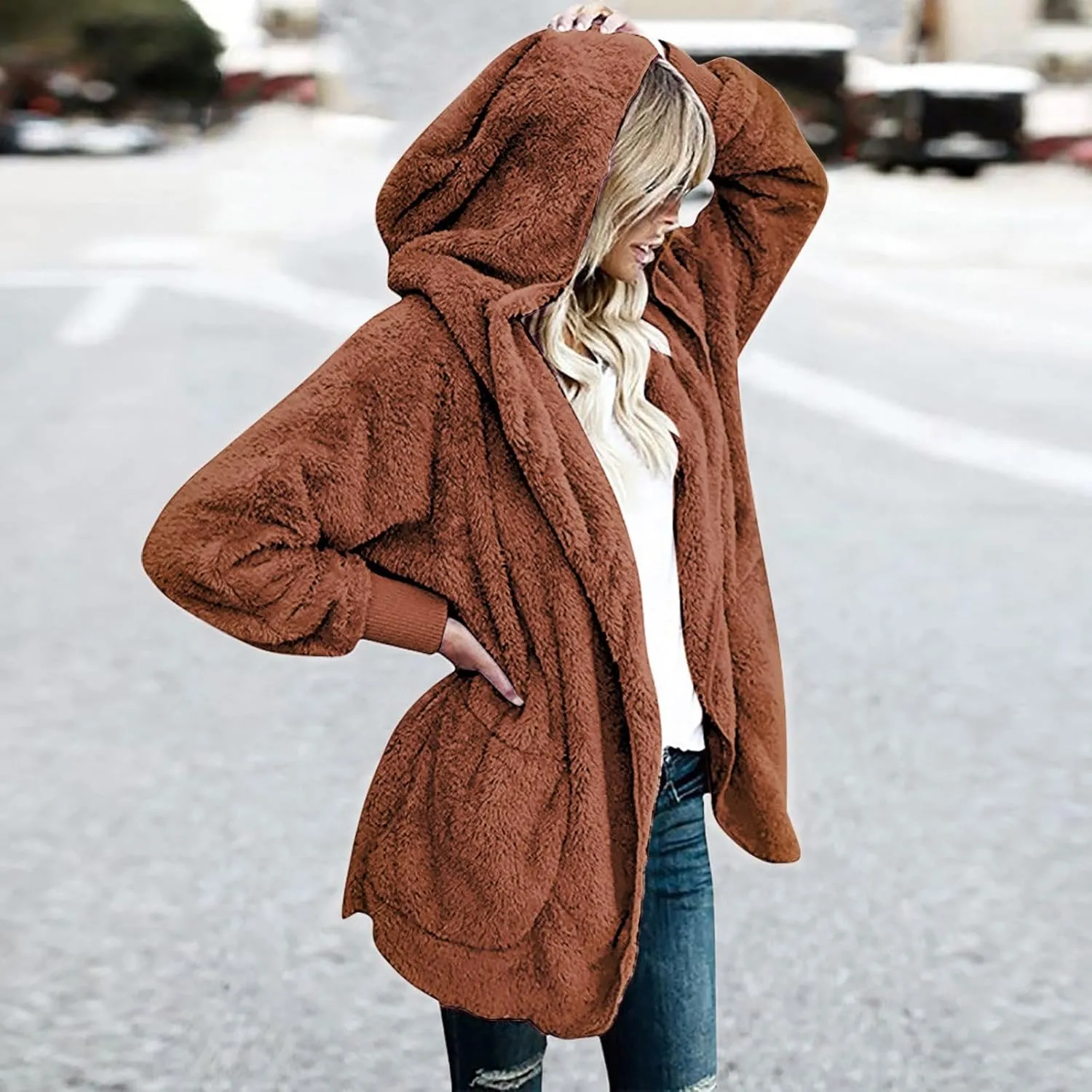 fartey Womens Oversized Fleece Jackets Zip Up Long Sleeve Hoodies Comfy Soft Fuzzy Sherpa Coats Outerwear with Pockets