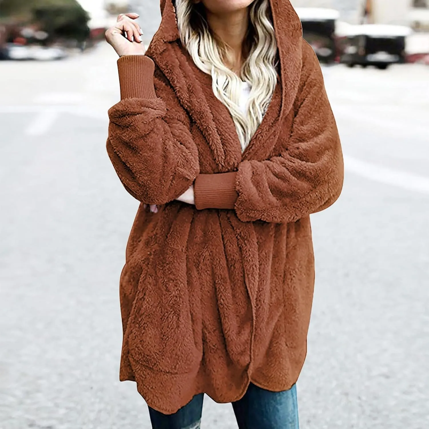 fartey Womens Oversized Fleece Jackets Zip Up Long Sleeve Hoodies Comfy Soft Fuzzy Sherpa Coats Outerwear with Pockets