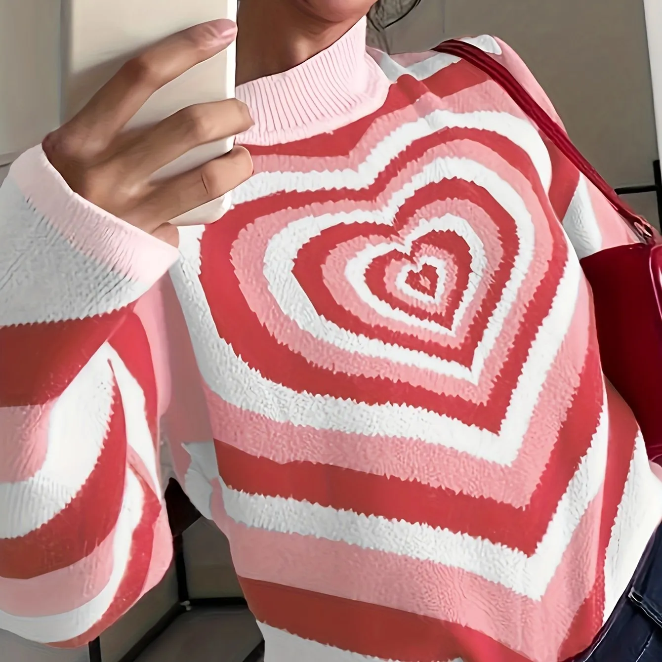 Fashion Color Heart Pattern Knitted Cute Pull Over Sweater