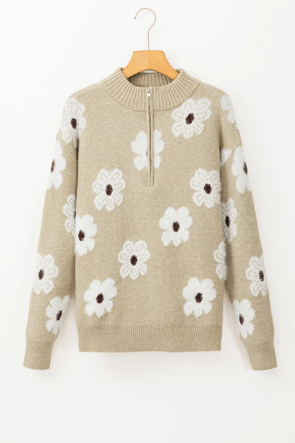 Floral Pattern Half Zip Drop Shoulder Sweater