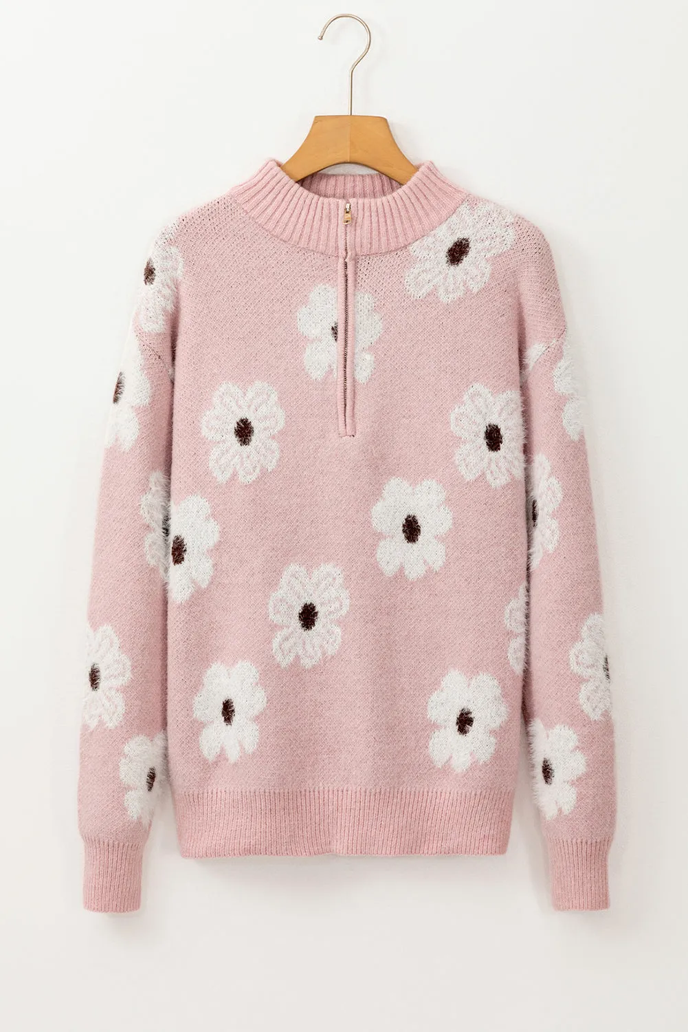 Floral Pattern Half Zip Drop Shoulder Sweater
