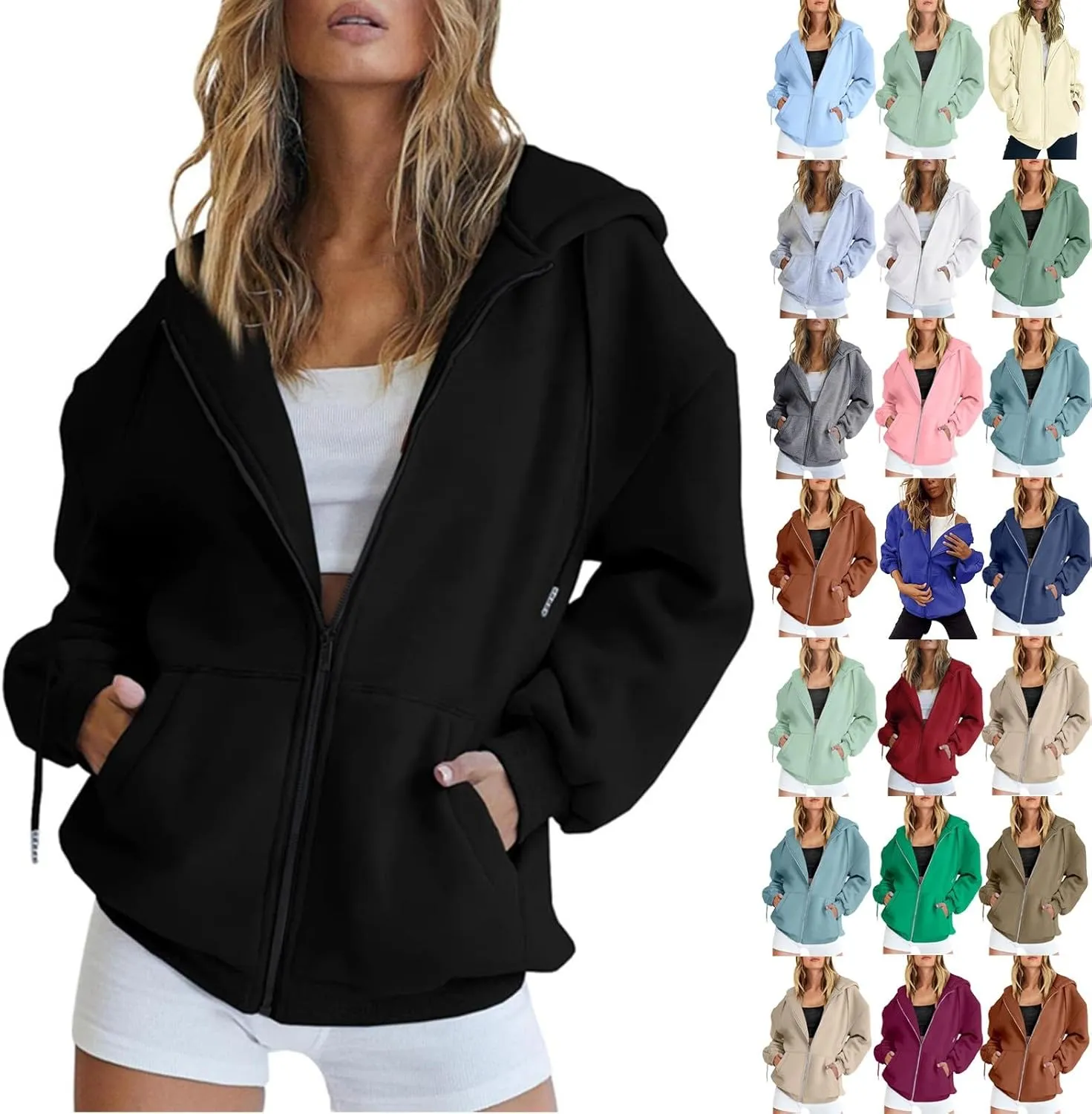 Full Zip Up Hoodie for Women Trendy 2024 Oversized Fleece Lightweight Sweatshirt Jacket Fall Preppy Teen Girls Outfit
