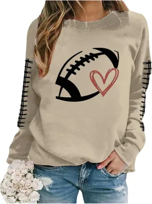 Game Day Shirts Women Heart Football Printed Lightweight Crewneck Long Sleeve Pullover Graphic Hoodies Mom Shirts