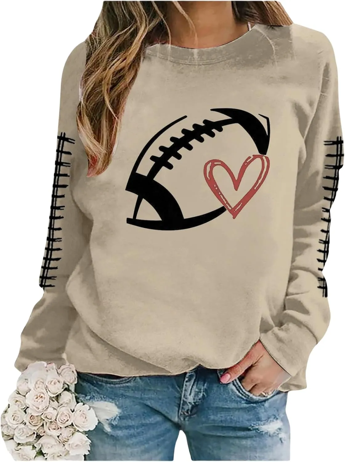 Game Day Shirts Women Heart Football Printed Lightweight Crewneck Long Sleeve Pullover Graphic Hoodies Mom Shirts